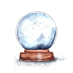 Watercolor illustration: magic Christmas glass snow globe on a wooden stand empty inside.New year's surprise, gift from Santa Claus, snow souvenir.isolated on a white background.