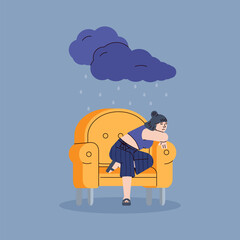 Depressed sad young woman sitting alone in a yellow chair. Unhappy upset girl in rain from a dark cloud. Psychology, female psyche, bad mood and stress. Vector line illustration