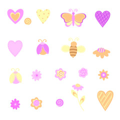 butterfly and flowers and hearts set
