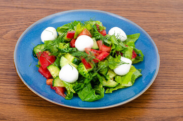 Fresh vegetable salad with mozzarella balls. Photo