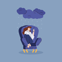 Depressed sad young woman sitting alone in chair in rain from a dark cloud. Unhappy upset girl reads the chat on the mobile phone screen. Vector illustration