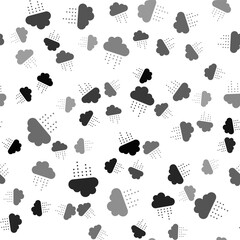 Black Cloud with rain icon isolated seamless pattern on white background. Rain cloud precipitation with rain drops. Vector.