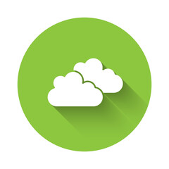 White Cloud icon isolated with long shadow. Green circle button. Vector.