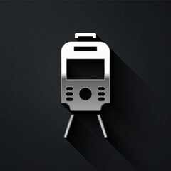 Silver Tram and railway icon isolated on black background. Public transportation symbol. Long shadow style. Vector.