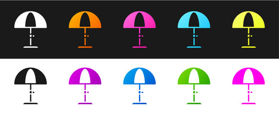 Set Sun protective umbrella for beach icon isolated on black and white background. Large parasol for outdoor space. Beach umbrella. Vector.