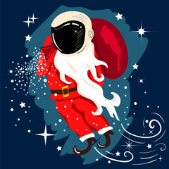 Santa Claus austronaut flying with a gift in space. Delivering shipping concept. Funny cartoon poster.
