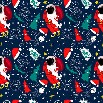 Funny cartoon seamless pattern with Santa Claus flying in space, xmas trees and planets.