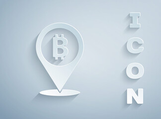 Paper cut Location bitcoin icon isolated on grey background. Physical bit coin. Blockchain based secure crypto currency. Paper art style. Vector.