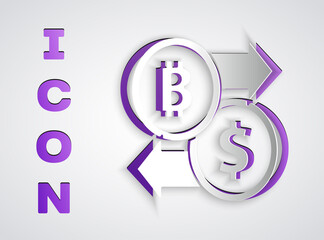 Paper cut Cryptocurrency exchange icon isolated on grey background. Bitcoin to dollar exchange icon. Cryptocurrency technology, mobile banking. Paper art style. Vector.