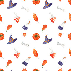 Watercolor Halloween seamless pattern on white backgound. Watercolor illustration with witch hat, pumpkin, potion, bone, leaves, stars, fly agaric mushroom