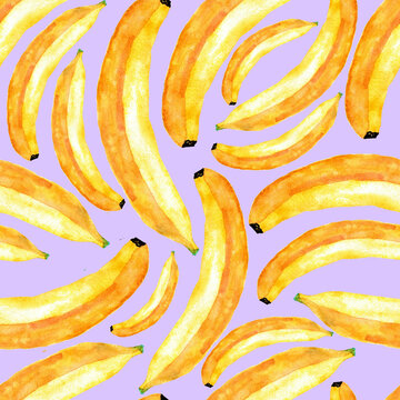 Banana. Colorful food illustration. Watercolor painting on paper. Original artwork. Stationery sticker. Seamless repeatable pattern. 
