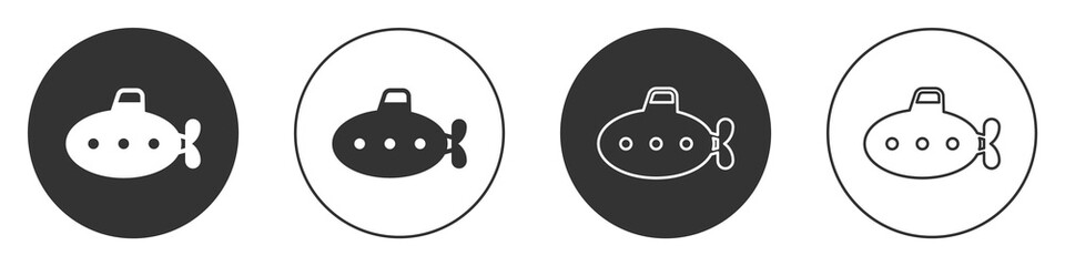 Black Submarine toy icon isolated on white background. Circle button. Vector.