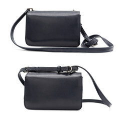Women's 2 small black leather satchel bags close up on white background