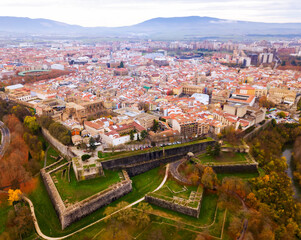 Panoramic view of tiled housetops and bastion of medieval town Pamplona in Navarre, Spain