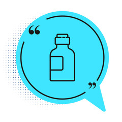 Black line Bottle of medicine syrup icon isolated on white background. Blue speech bubble symbol. Vector Illustration.