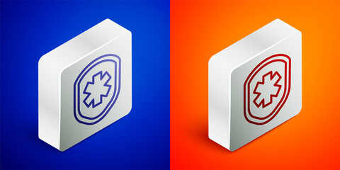 Isometric line Medical shield with cross icon isolated on blue and orange background. Protection, safety, password security. Silver square button. Vector Illustration.