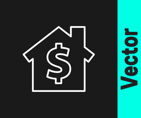 White line House with dollar symbol icon isolated on black background. Home and money. Real estate concept. Vector Illustration.