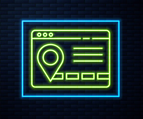 Glowing neon line Infographic of city map navigation icon isolated on brick wall background. Mobile App Interface concept design. Geolacation concept. Vector Illustration.