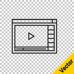 Black line Online play video icon isolated on transparent background. Film strip with play sign. Vector Illustration.