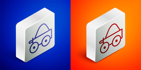 Isometric line Wooden four-wheel cart with hay icon isolated on blue and orange background. Silver square button. Vector.