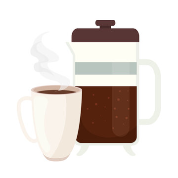 coffee french press and mug design of drink caffeine breakfast and beverage theme Vector illustration