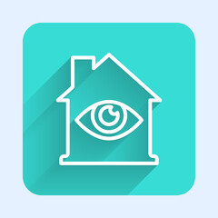White line House with eye scan icon isolated with long shadow. Scanning eye. Security check symbol. Cyber eye sign. Green square button. Vector.