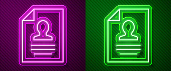 Glowing neon line Resume icon isolated on purple and green background. CV application. Searching professional staff. Analyzing personnel resume. Vector.