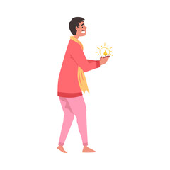Indian Man in Traditional Clothes with Candle in His Hands, People Celebrating Diwali Hindu Holiday Light Festival Cartoon Style Vector Illustration