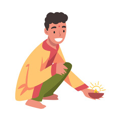 Cheerful Indian Man in Traditional Clothes with Glowing Candle in Candlestick, People Celebrating Diwali Hindu Holiday Cartoon Style Vector Illustration