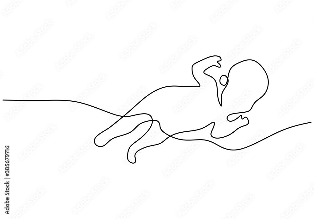 Wall mural Sleeping baby one line drawing. Cute little child laying in a bed and sleep with funny pose isolated on white background. Character sleeping kid in minimalist style. Vector sketch illustration - Wall murals