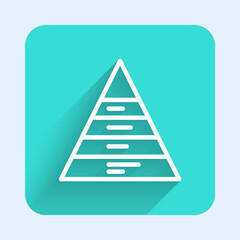 White line Business pyramid chart infographics icon isolated with long shadow. Pyramidal stages graph elements. Green square button. Vector.