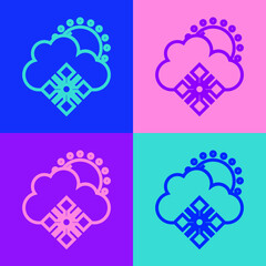 Pop art line Cloud with snow and sun icon isolated on color background. Cloud with snowflakes. Single weather icon. Snowing sign. Vector.