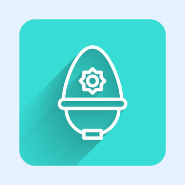 recommend clip art: White line British police helmet icon isolated with long shadow. Green square button. Vector.
