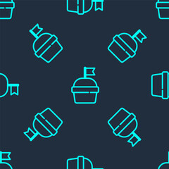Green line Cake icon isolated seamless pattern on blue background. Happy Birthday. Vector.