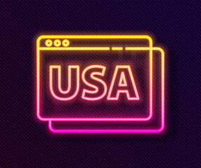 Glowing neon line USA United states of america on browser icon isolated on black background. Vector.