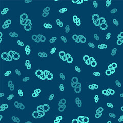 Fototapeta na wymiar Green line Handcuffs icon isolated seamless pattern on blue background. Vector.