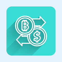 White line Cryptocurrency exchange icon isolated with long shadow. Bitcoin to dollar exchange icon. Cryptocurrency technology, mobile banking. Green square button. Vector.