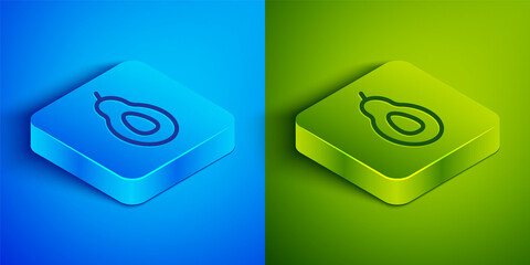 Isometric line Avocado fruit icon isolated on blue and green background. Square button. Vector.