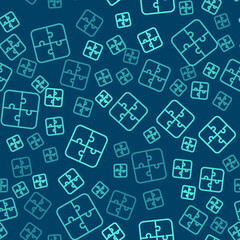 Green line Puzzle pieces toy icon isolated seamless pattern on blue background. Vector.