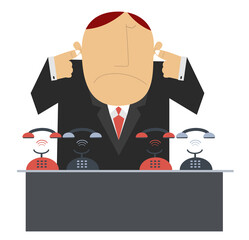 Do not disturb. Man does not want to answer the phone calls and closes his ears by fingers
