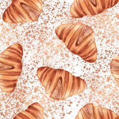 Croissants seamless pattern, continental breakfast background with glitter