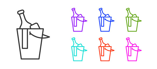 Black line Bottle of wine in an ice bucket icon isolated on white background. Set icons colorful. Vector. © Kostiantyn