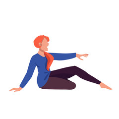 A girl with red hair sits, shouts and stretches her hand. Character design.