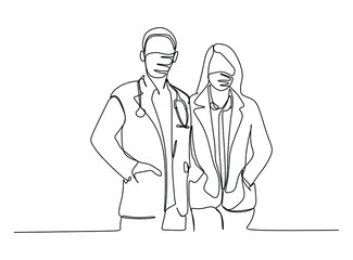 Female and male medical doctor in protective mask. Continuous line drawing