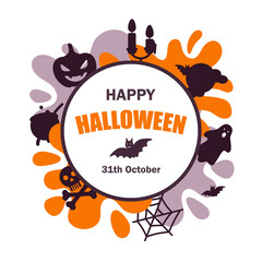 Colorful cute Halloween design for kid’s party invitation. Circle frame with silhouette elements. Space for text. Vector illustration