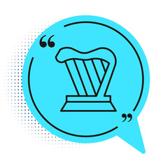 Black line Harp icon isolated on white background. Classical music instrument, orhestra string acoustic element. Blue speech bubble symbol. Vector.