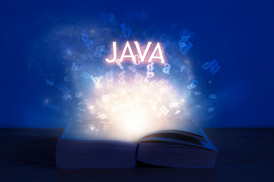 Open book with java inscription. Light coming from open book with word java. Learn programming language.