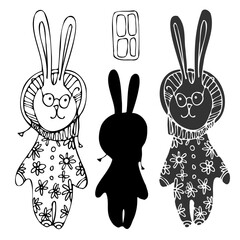 Isolated vector black and white set design of ornamental lined bunnies in pyjamas with flowers