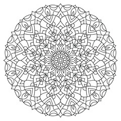 Circular pattern in form of mandala for Henna, Mehndi, tattoo, decoration. Beautiful relaxation black and white ornament. Coloring book page.	