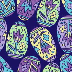 Vector seamless pattern of silhouette of ornamental easter eggs in lines in pastel colors